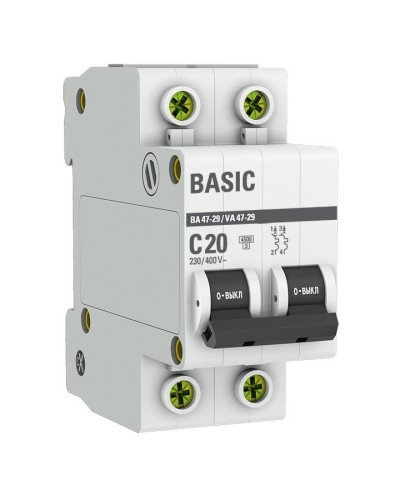 Автоматический выключатель 2P 20А (C) 4,5кА ВА 47-29 Basic (mcb4729-2-20C). Автоматический выключатель. EKF в Волгограде