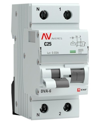DVA-6 1P+N 25А (C) 30мА (AC) 6кА  AVERES (rcbo6-1pn-25C-30-ac-av). Автоматический выключатель дифференциального тока. EKF в Волгограде