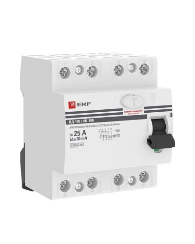 УЗО ВД-100 4P 25А 30мА тип AC эл-мех  PROxima (elcb-4-25-30-em-pro). Выключатель дифференциального тока (УЗО). EKF в Волгограде