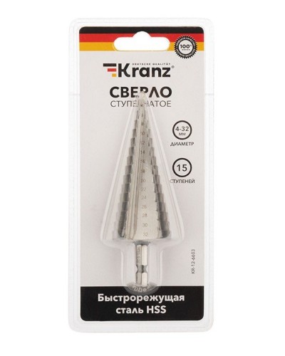 Сверло по металлу ступенчатое 4,0-32,0 мм 102 mm 62 HRC Kranz (KR-12-6603): Сверло по металлу шлифованное в Волгограде